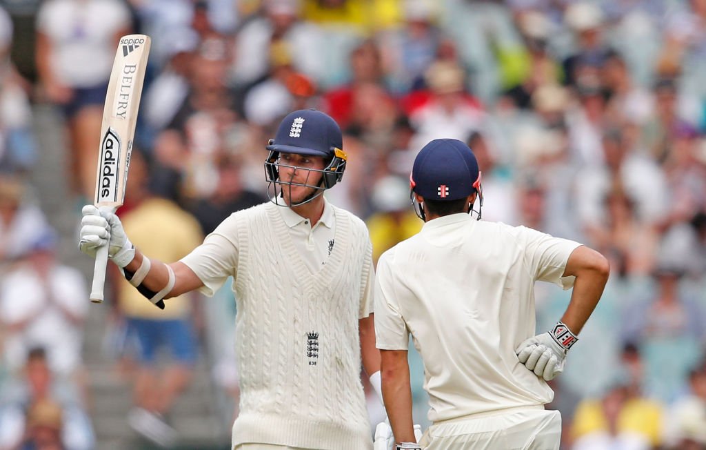 Stuart Broad of England celebrates his half century during day three of the Fourth Test