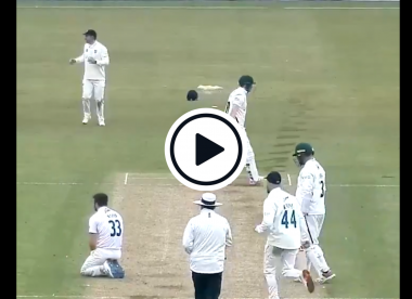 Watch: Mark Wood slips up... but still gets the batsman to nick off
