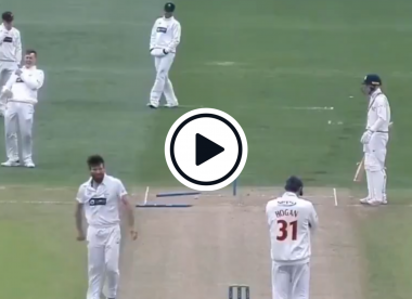Watch: County wicketkeeper comically falls over stumps while collecting return throw
