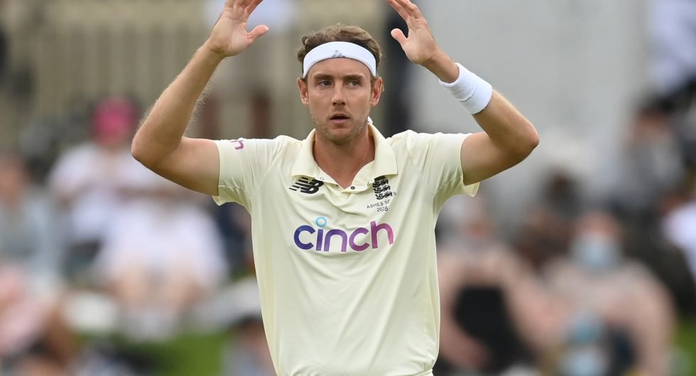 Stuart Broad of England reacts during day three of the Fifth Test in the Ashes series between Australia and England at Blundstone Arena on January 16, 2022 in Hobart, Australia.