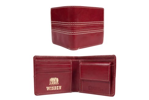 A Premium Cricket Ball Leather Wallet with the Wisden brand on it.