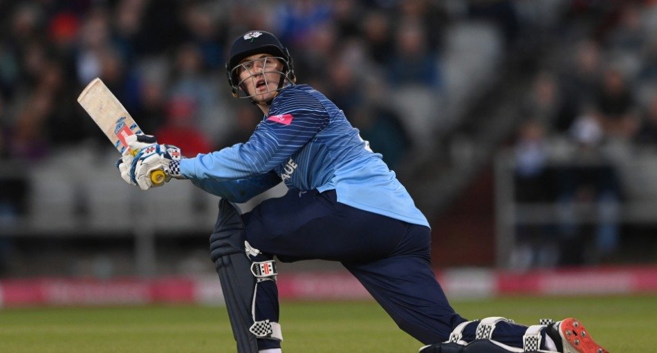 Harry Brook plays a slog sweep in the T20 Blast