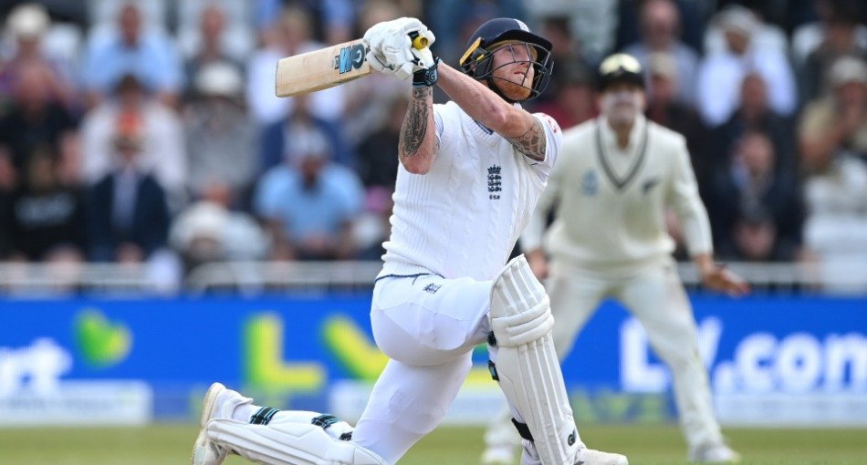 Ben Stokes hits a six in the second Test between England and New Zealand at Trent Bridge
