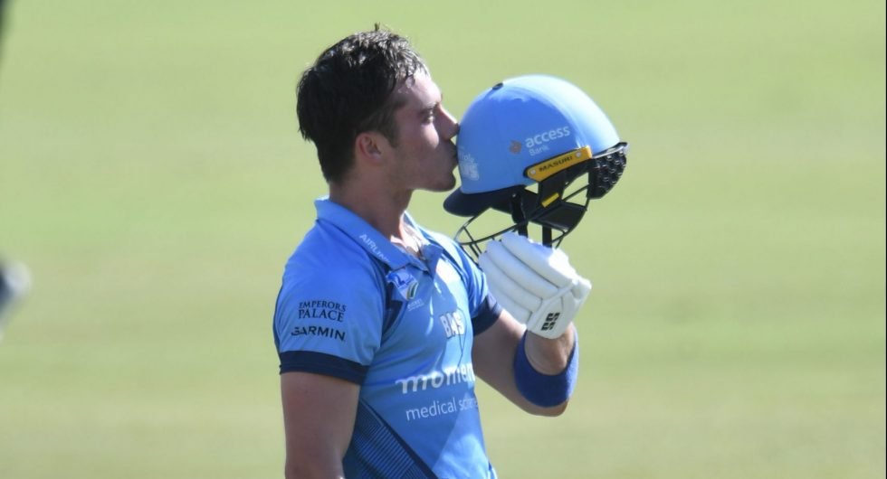 Dewald Brevis kisses helmet after bringing up record-breaking century in CSA T20 Challenge