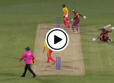 Watch: ‘Goodness me’ – West Indies batter slips over in farcical run out in dramatic middle-order collapse against Zimbabwe