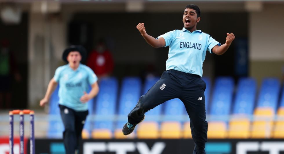 Rehan Ahmed celebrates the wicket of Bilal Sami of Afghanistan during the ICC U19 Men's Cricket World Cup Super League
