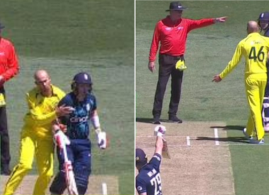 Umpire Paul Reiffel rebukes Ashton Agar over bowler's blocking of the non-striker