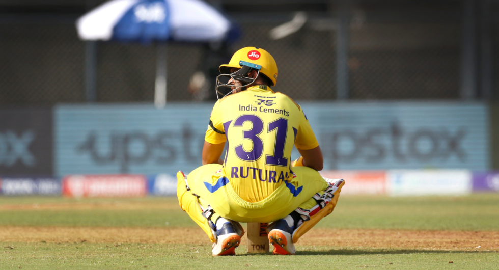 Ruturaj Gaikwad crouches while batting for Chennai Super Kings