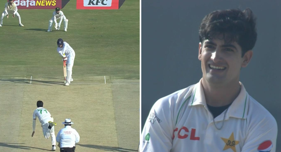 Zak Crawley is struck on the pad, with Naseem Shah smiling wryly after the lbw appeal is turned down in the first Pakistan-England Test