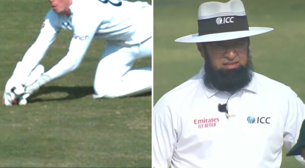Ollie Pope catches Saud Shakeel down the leg-side, with Aleem Dar, who gave Shakeel out, on the right