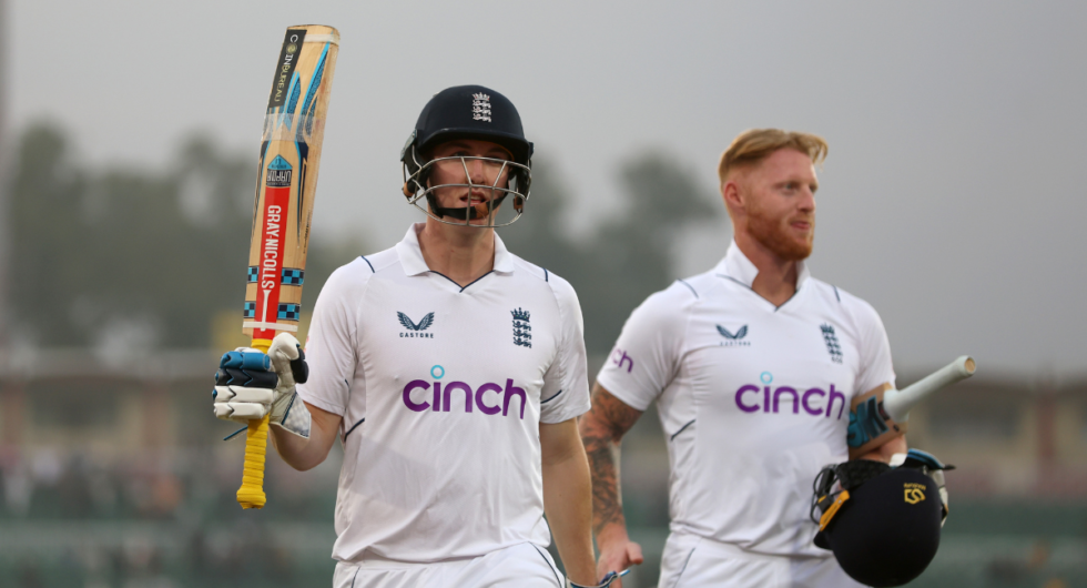 Harry Brook salutes the crowd alongside captain Ben Stokes in the First Test Match between Pakistan and England