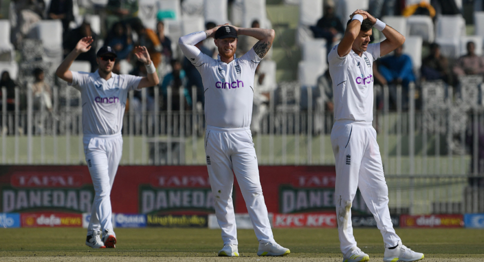 England's captain Ben Stokes and James Anderson react during the third day of the first cricket Test match between Pakistan and England