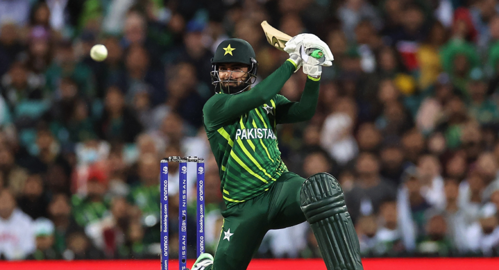 Shadab Khan of Pakistan bats during the ICC Men's T20 World Cup match between Pakistan and South Africa