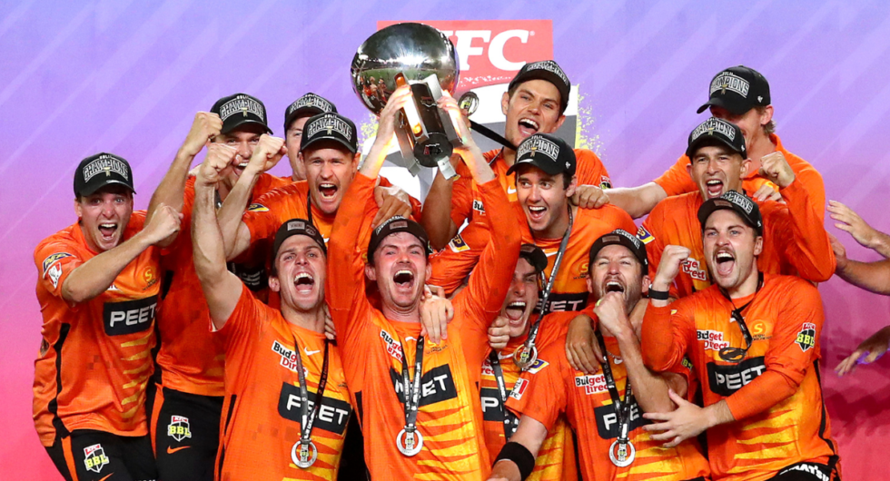 The Perth Scorchers celebrate winning BBL 11 during the Men's Big Bash League match between the Perth Scorchers and the Sydney Sixers
