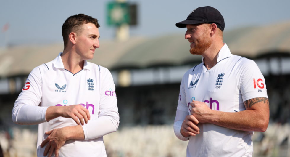 England captain Ben Stokes speaks with Harry Brook after winning the Second Test Match between Pakistan and England at Multan Cricket Stadium