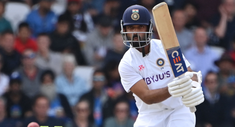 India's Ajinkya Rahane plays a shot on the first day of the third cricket Test match between England and India at Headingley cricket ground