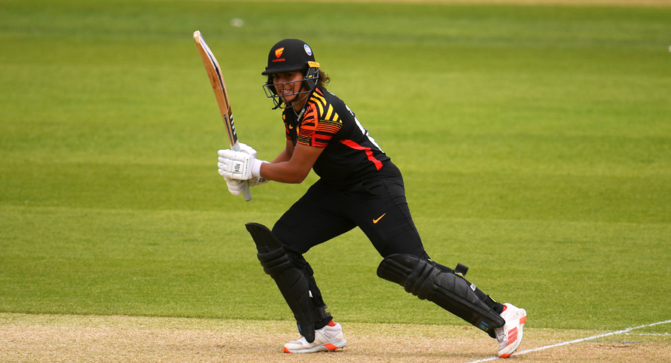 Naomi Dattani of Sunrisers plays a shot during the Charlotte Edwards Cup match between Western Storm and Sunrisers
