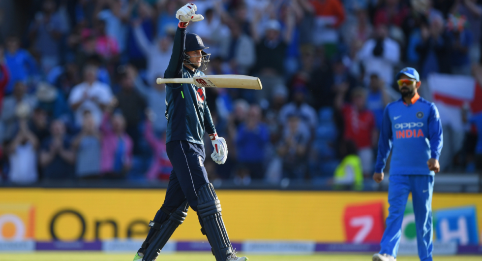 Joe Root celebrates his century off the last ball of the match during 3rd ODI between England and India at Headingley