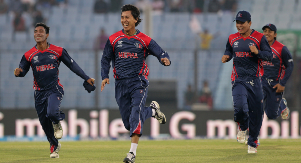 Shakti Gauchan of Nepal celebrates taking a wicket during the Afghanistan v Nepal match at the World Twenty20 in Bangladesh 2014