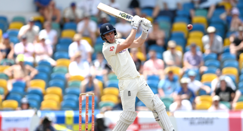 Dan Lawrence of England bats during day five of the 2nd test match between West Indies and England at Kensington Oval