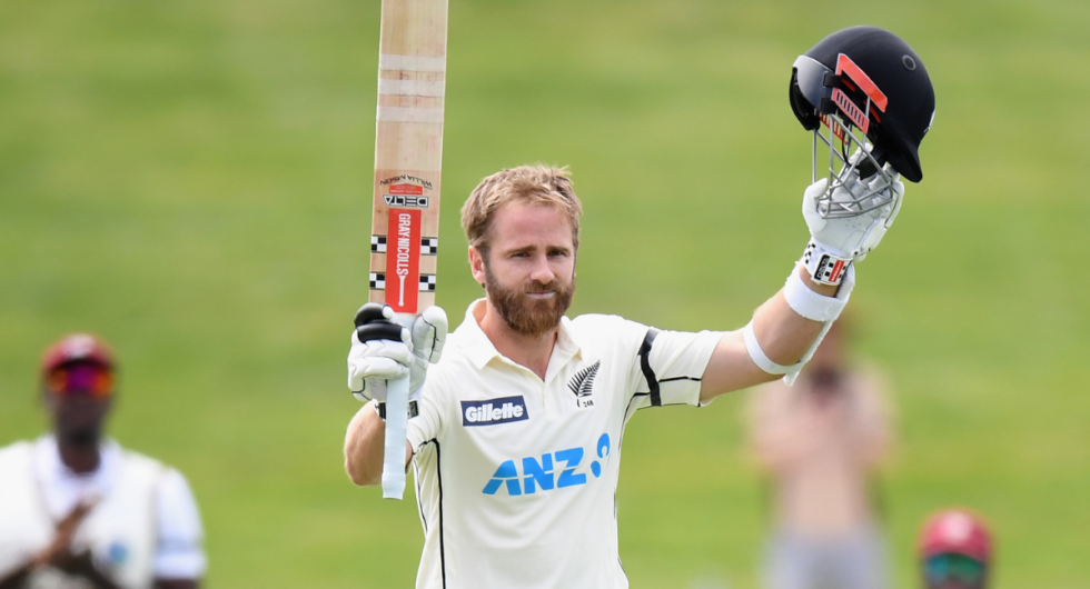 Kane Williamson of New Zealand celebrates his century during day two of the First Test match in the series between New Zealand and the West Indies