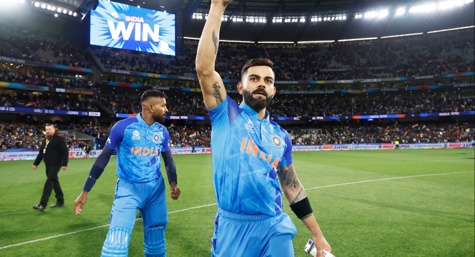 Virat Kohli of India celebrates after the ICC Men's T20 World Cup match between India and Pakistan at Melbourne Cricket Ground