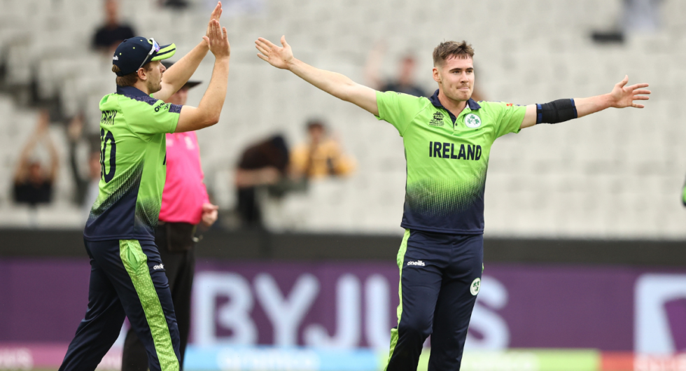 Josh Little of Ireland celebrates taking the wicket of Alex Hales of England during the ICC Men's T20 World Cup match between England and Ireland