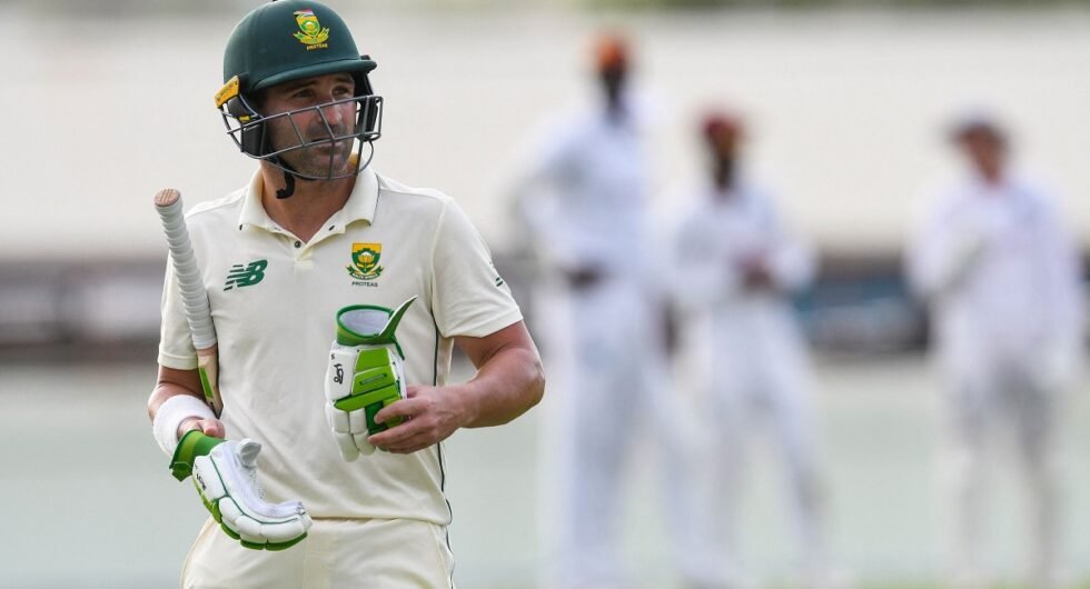 Dean Elgar of South Africa dismissed by Kyle Mayers of West Indies