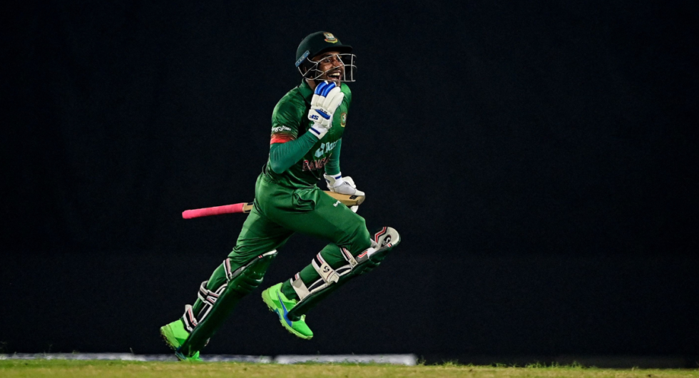 Mehidy Hasan Miraz celebrates after giving Bangladesh victory over India