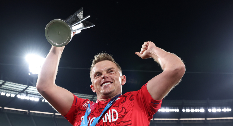Sam Curran, No.1 in Wisden's men's T20I spells of the year, celebrates winning the 2022 T20 World Cup