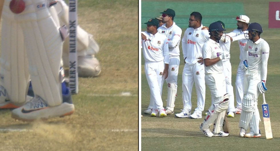 Shubman Gill is hit on the pad leading to an lbw appeal (L), Bangladesh wait as the review, shortened due to the lack of technology (R)