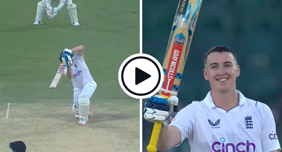 Watch Harry Brook drive to the fence and then celebrate his hundred