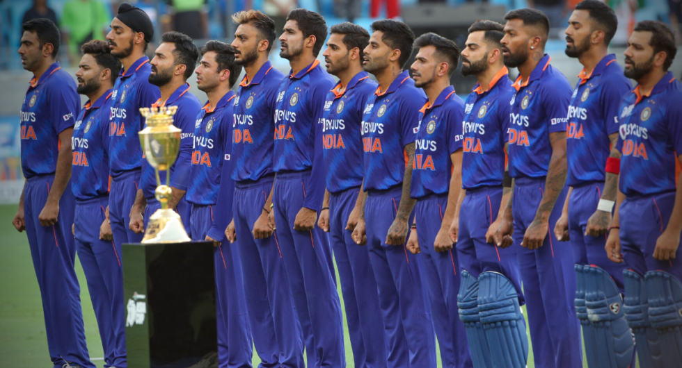 India schedule 2023 | Indian players sing their national anthem before the start of the Asia Cup Twenty20 international cricket Super Four match between India and Sri Lanka at the Dubai International Cricket Stadium in Dubai on September 6, 2022.