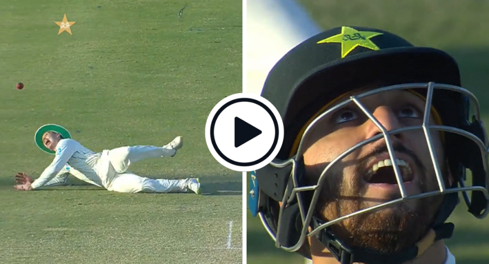 Michael Bracewell stretches to catch Salman Agha during the second Pakistan-New Zealand Test, Salman reacts
