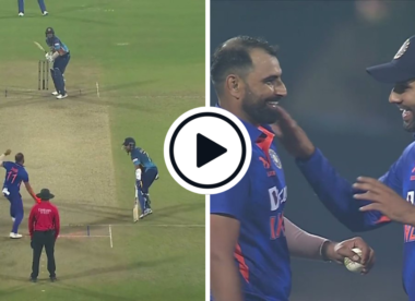 Watch: Rohit Sharma retracts appeal after Mohammed Shami attempts pre-delivery run out of Dasun Shanaka, on 98