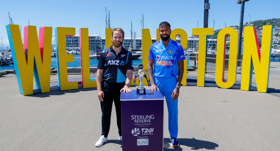Kane Williamson of New Zealand and Hardik Pandya of India pose with the series trophy during a media opportunity ahead of the T20 International series