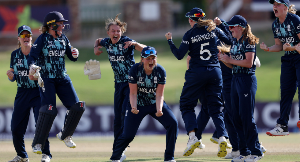 Grace Scrivens of England celebrates with teammates after Milly Illingworth of Australia is run out during the ICC Women's U19 T20 World Cup 2023 Semi Final