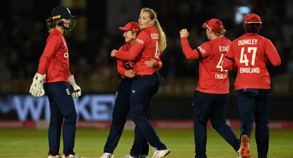 Sophie Ecclestone of England celebrates with teammates after dismissing Shafali Verma of India during the 2nd Vitality IT20 between England Women and India Women