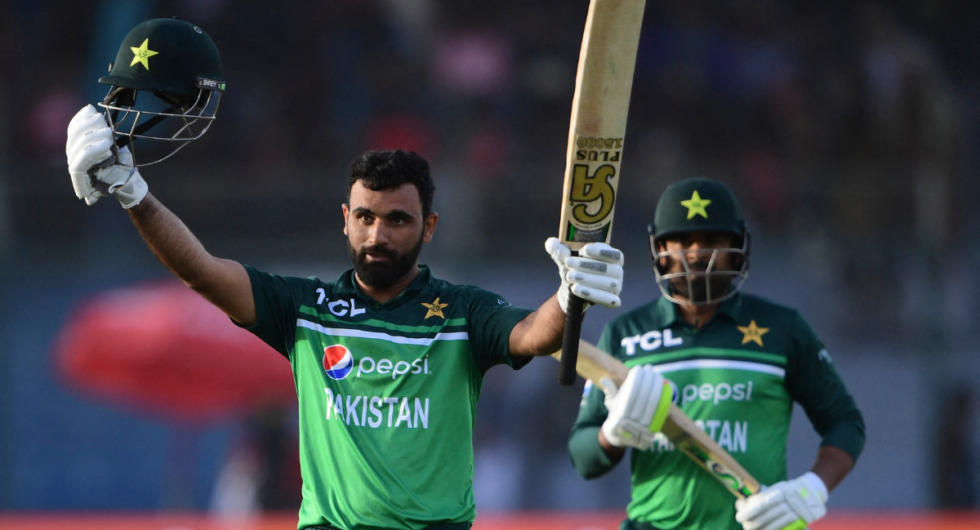 Pakistan's Fakhar Zaman celebrates after scoring a century during the third and final one-day international cricket match between Pakistan and New Zealand