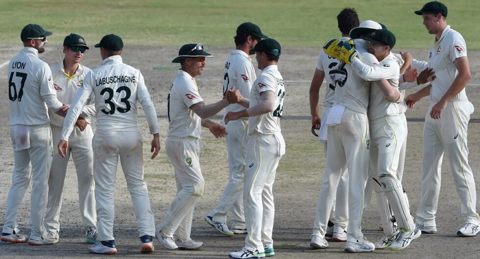 Australia's players celebrate their win, Lahore Test match against Pakistan 2021/22