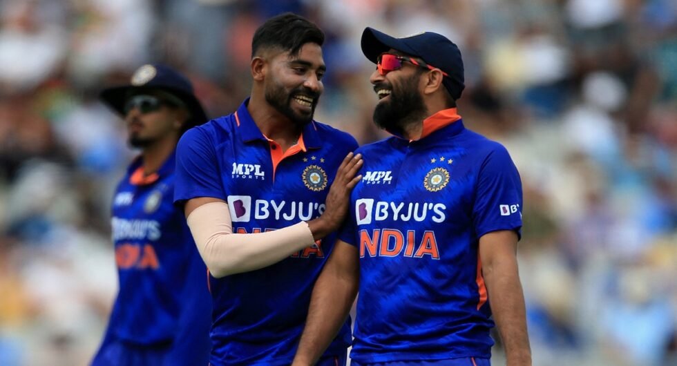 Mohammed Siraj and Mohammed Shami during the final ODI between England and India at Old Trafford in Manchester in July 2022