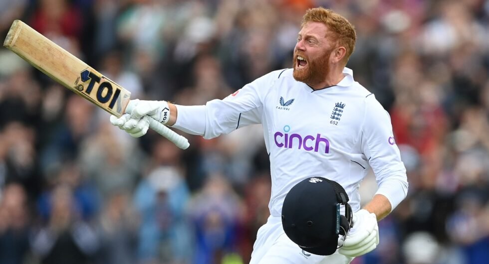 Jonny Bairstow celebrates his century during day three of the Fifth test match between England and India at Edgbaston
