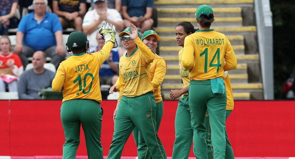 Sune Luus of South Africa celebrates with teammates after catching Danni Wyatt of England during the 2nd Vitality IT20 at New Road, Worcester