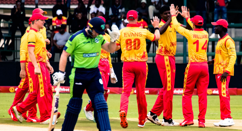 Zimbabwe celebrate taking an Irish wicket in the first T20I between the two sides | ZIM vs IRE live