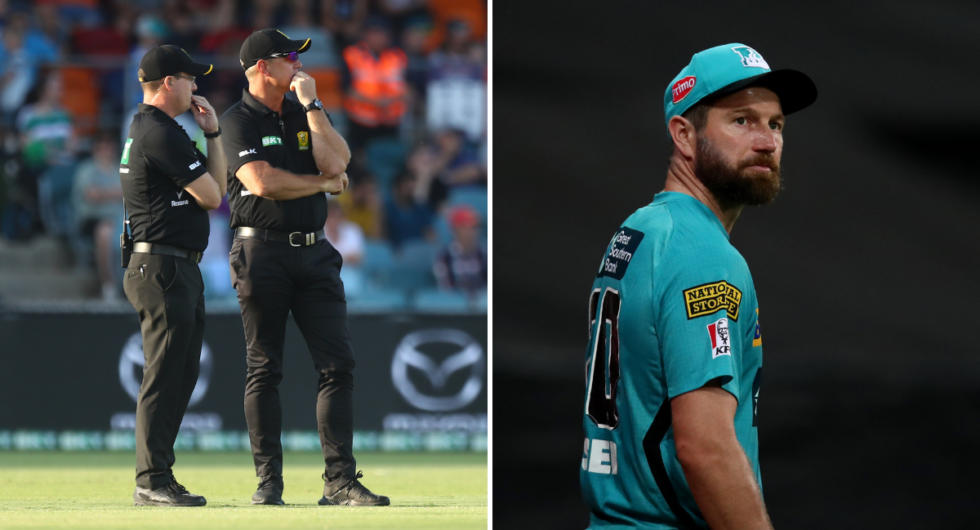 Two BBL umpires deliberate a decision (L), Brisbane Heat bowler Michael Neser (R)