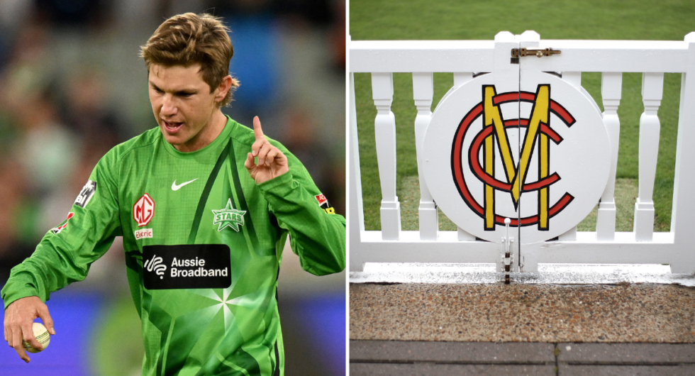 Adam Zampa after attempting a pre-delivery run out in the BBL (L), the MCC logo (R)