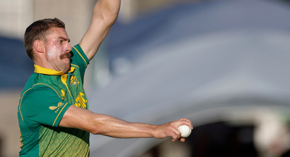 South Africa's Anrich Nortje delivers a ball during the first one day international (ODI) cricket match between South Africa and England at Mangaung Oval in Bloemfontein