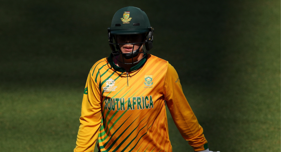Dane Van Niekerk of South Africa leaves the field after being dismissed by Diana Baig of Pakistan during the ICC Women's T20 Cricket World Cup match