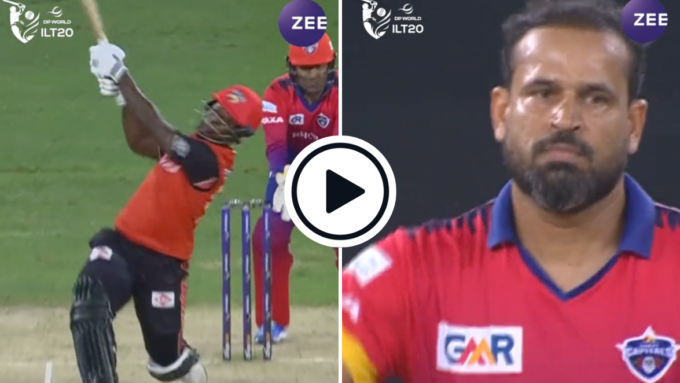 Watch: Yusuf Pathan gets smashed for five sixes in a row by Sherfane Rutherford in ILT20, including massive 93-metre blow