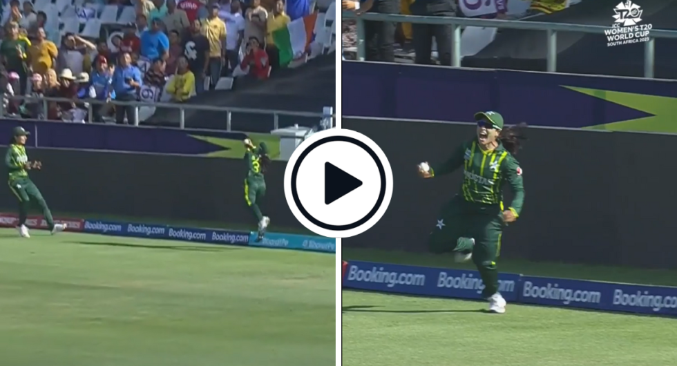 Sidra Ameen takes a perfectly judged boundary catch and celebrates in the India-Pakistan Women's T20 World Cup clash